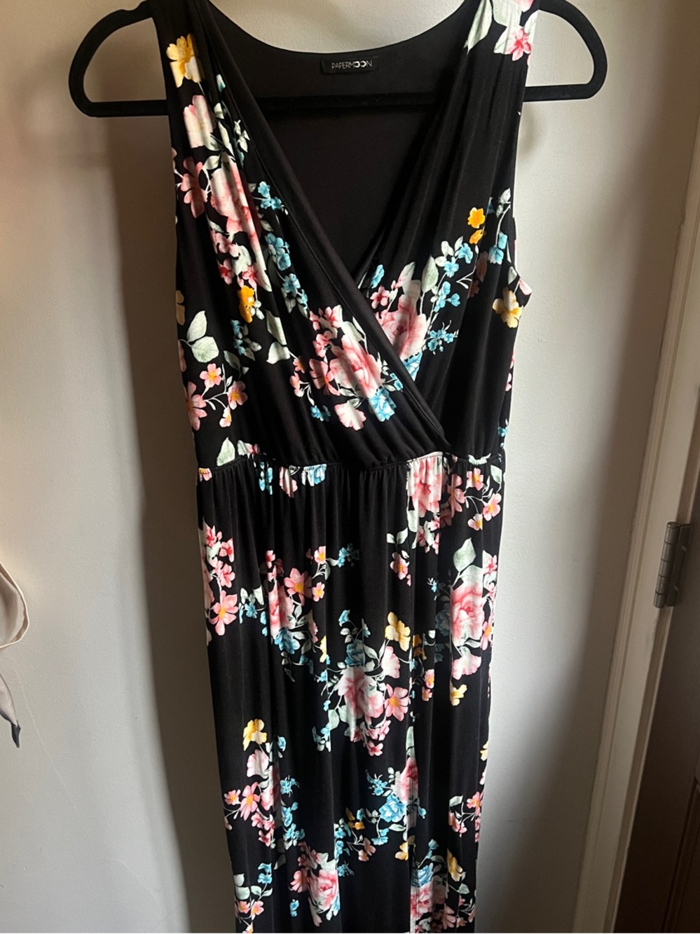 Papermoon Black Maxi Dress with Pink, Teal & Yellow Floral Print